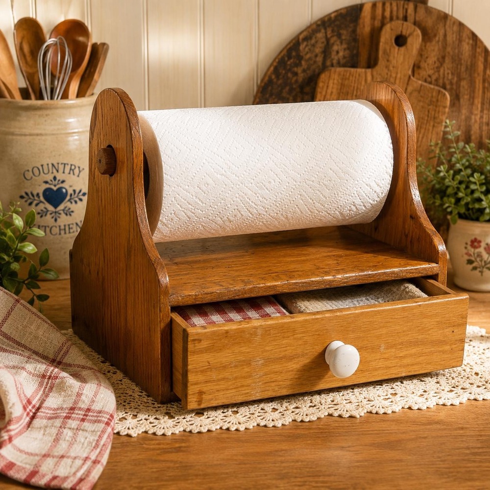 VTG Wooden Paper Towel Holder with Drawer Countertop Towel Dispenser Farmhouse